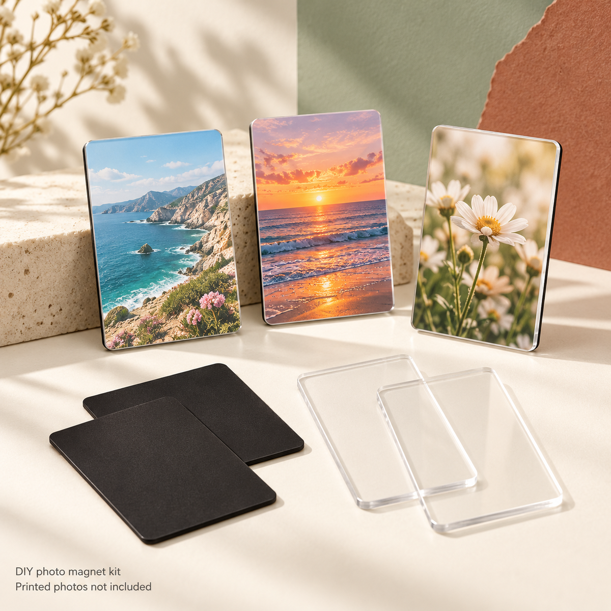 Dormella Moments DIY photo magnet kit with styling examples; printed photos not included