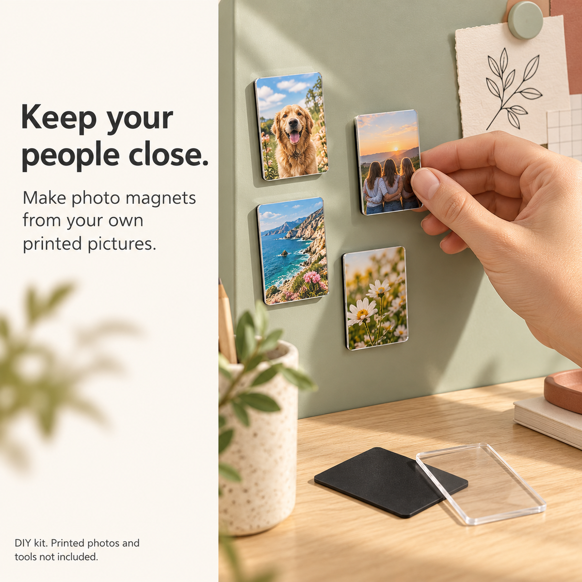 Tiny handmade photo magnets on a magnetic board; printed photos not included