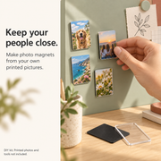 Tiny handmade photo magnets on a magnetic board; printed photos not included