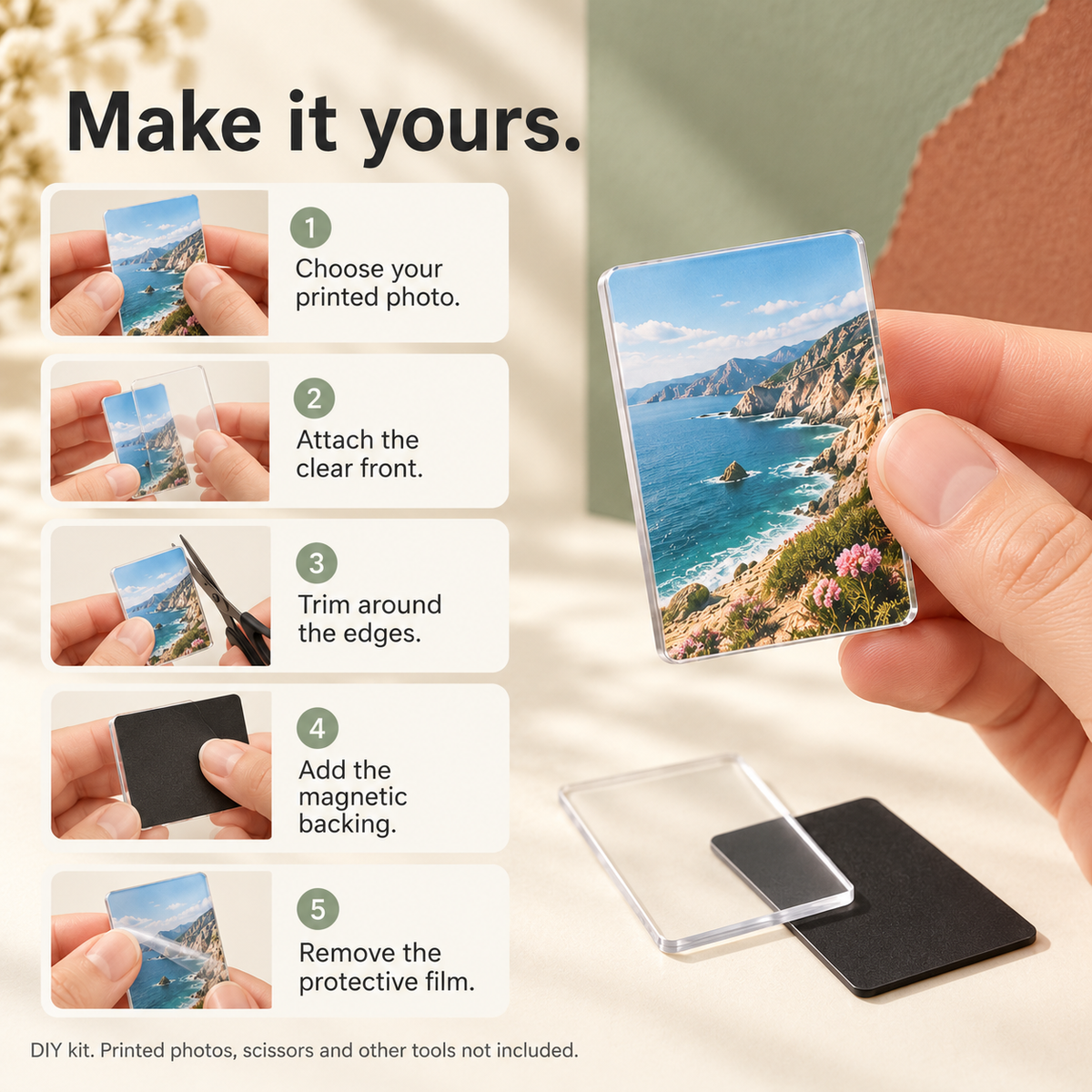 Five steps for assembling Moments photo magnets from your own printed photos