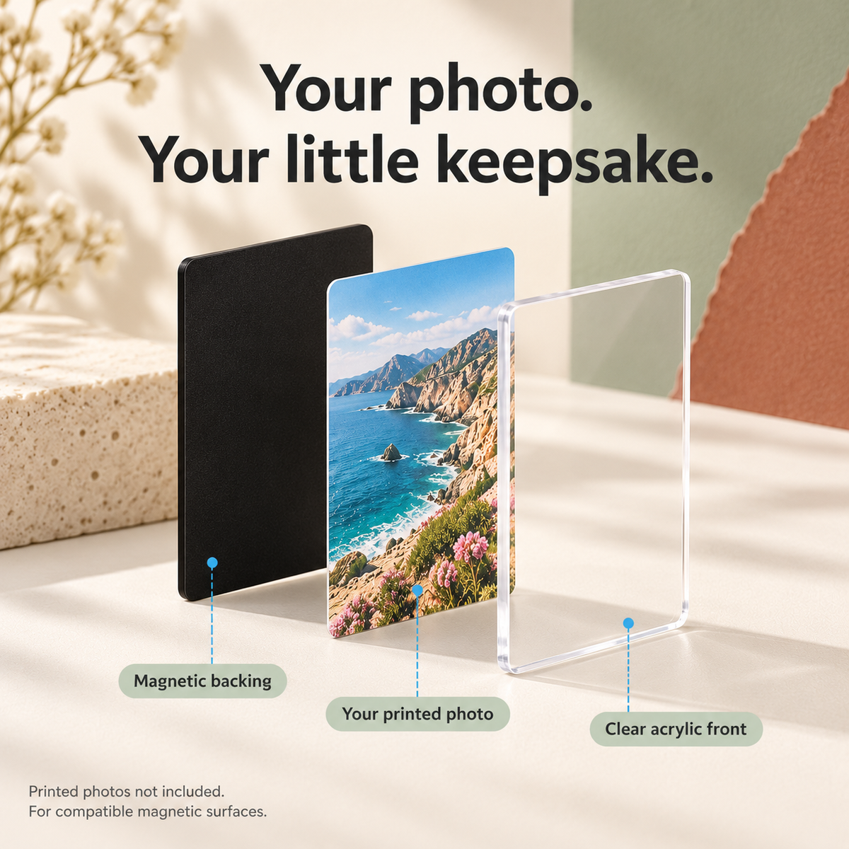 Clear acrylic front, your printed photo, and magnetic backing assembly layers