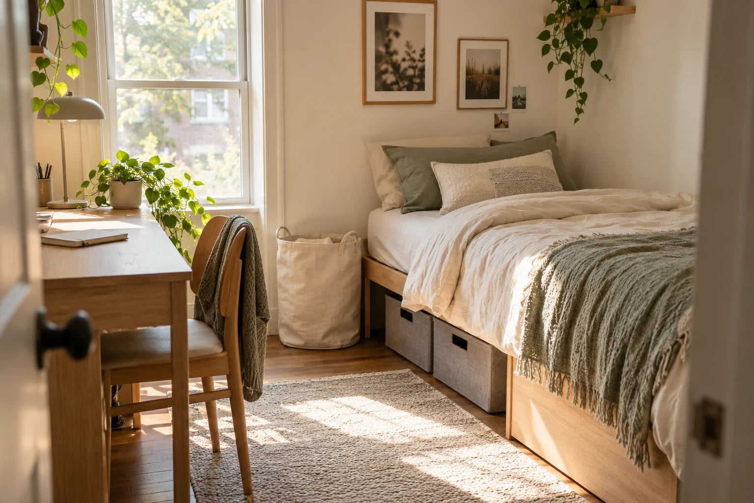 Room inspiration with a cream and sage bed, warm wood desk and soft morning light